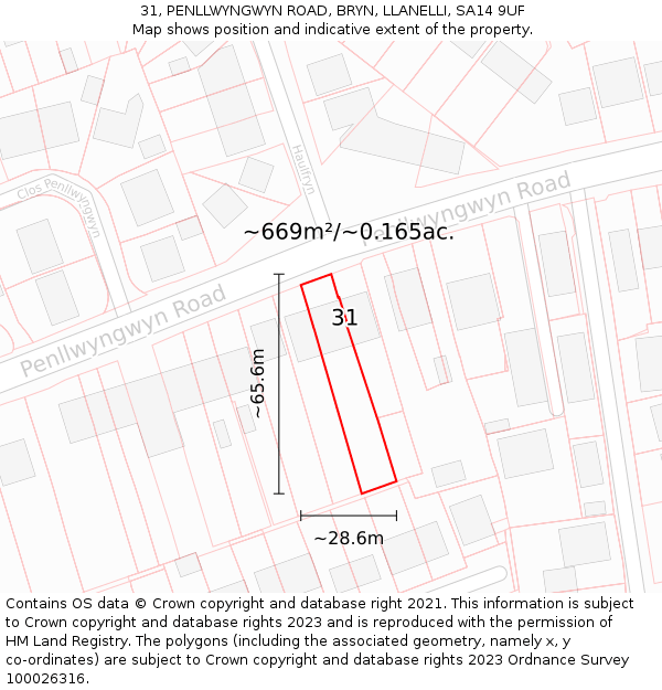 31, PENLLWYNGWYN ROAD, BRYN, LLANELLI, SA14 9UF: Plot and title map