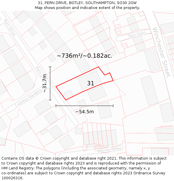 31, PERN DRIVE, BOTLEY, SOUTHAMPTON, SO30 2GW: Plot and title map