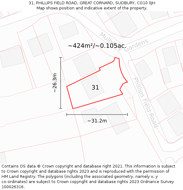 31, PHILLIPS FIELD ROAD, GREAT CORNARD, SUDBURY, CO10 0JH: Plot and title map