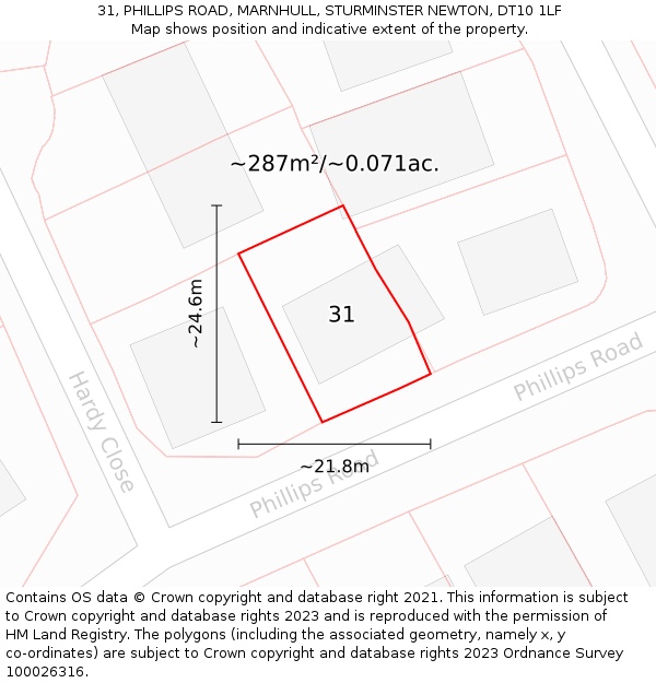 31, PHILLIPS ROAD, MARNHULL, STURMINSTER NEWTON, DT10 1LF: Plot and title map