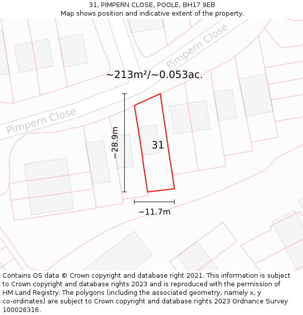 31, PIMPERN CLOSE, POOLE, BH17 9EB: Plot and title map