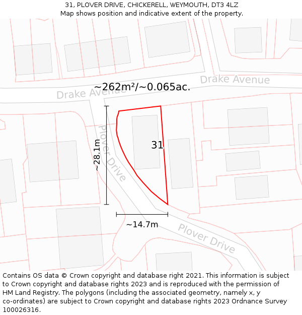 31, PLOVER DRIVE, CHICKERELL, WEYMOUTH, DT3 4LZ: Plot and title map