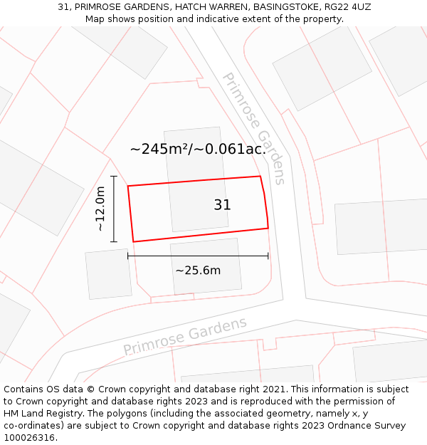 31, PRIMROSE GARDENS, HATCH WARREN, BASINGSTOKE, RG22 4UZ: Plot and title map