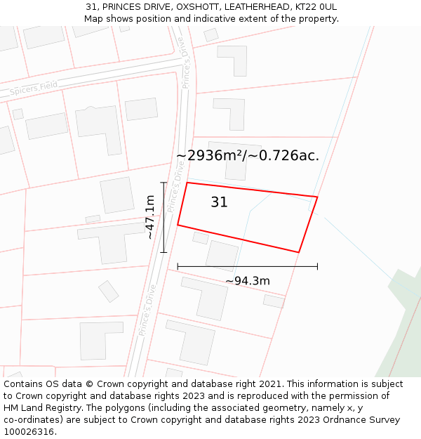 31, PRINCES DRIVE, OXSHOTT, LEATHERHEAD, KT22 0UL: Plot and title map