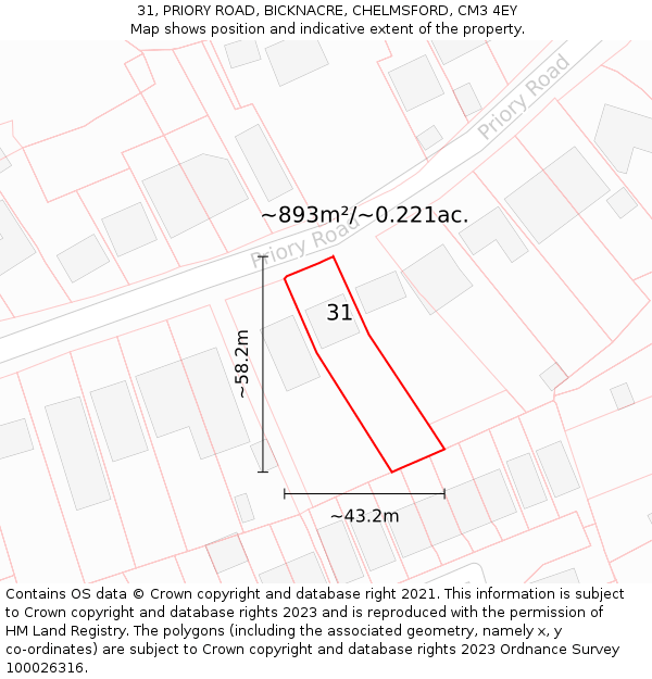 31, PRIORY ROAD, BICKNACRE, CHELMSFORD, CM3 4EY: Plot and title map