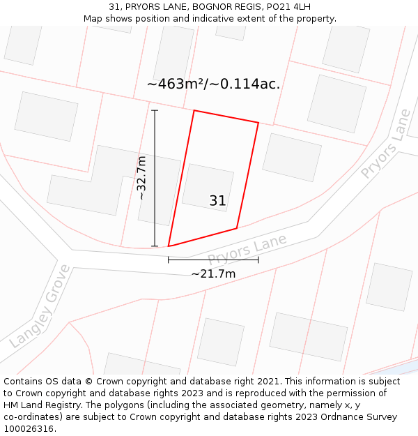 31, PRYORS LANE, BOGNOR REGIS, PO21 4LH: Plot and title map