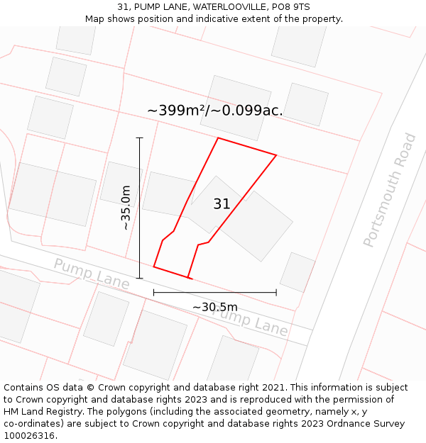 31, PUMP LANE, WATERLOOVILLE, PO8 9TS: Plot and title map