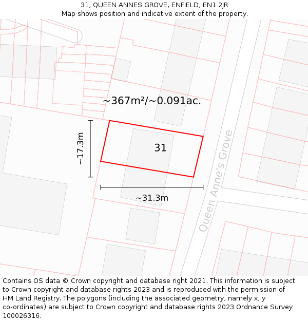 31, QUEEN ANNES GROVE, ENFIELD, EN1 2JR: Plot and title map