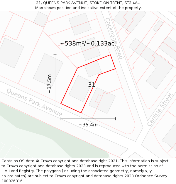 31, QUEENS PARK AVENUE, STOKE-ON-TRENT, ST3 4AU: Plot and title map