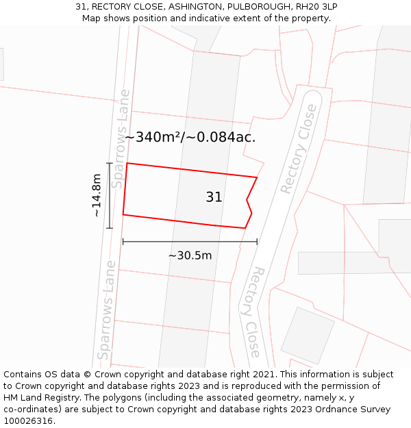 31, RECTORY CLOSE, ASHINGTON, PULBOROUGH, RH20 3LP: Plot and title map