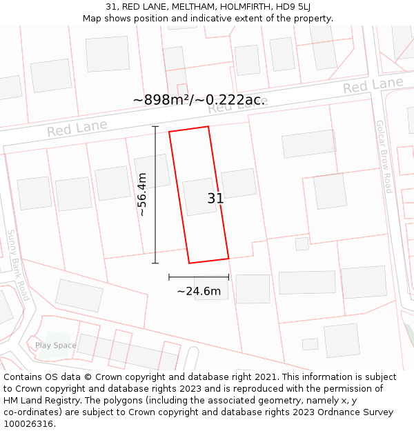 31, RED LANE, MELTHAM, HOLMFIRTH, HD9 5LJ: Plot and title map