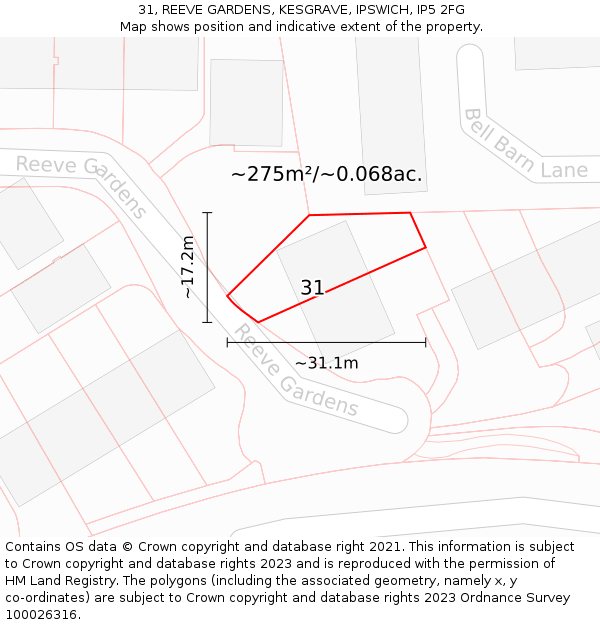 31, REEVE GARDENS, KESGRAVE, IPSWICH, IP5 2FG: Plot and title map