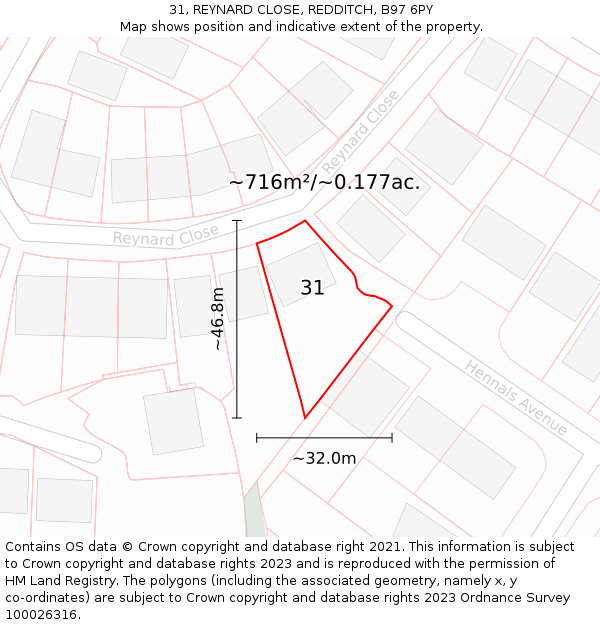 31, REYNARD CLOSE, REDDITCH, B97 6PY: Plot and title map