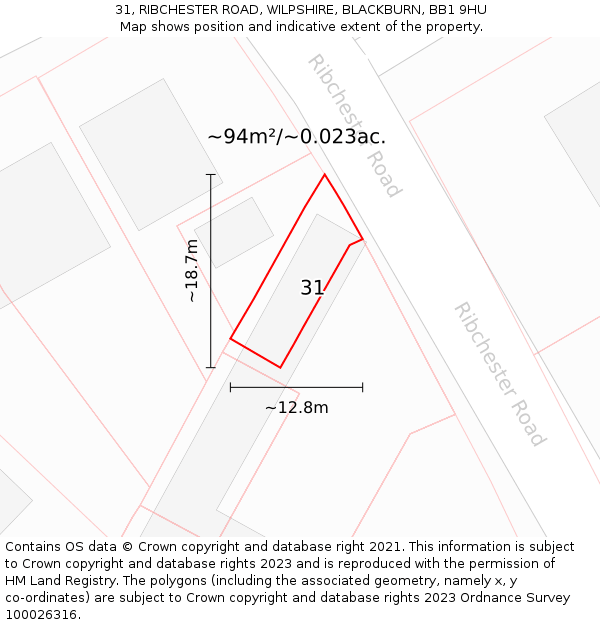 31, RIBCHESTER ROAD, WILPSHIRE, BLACKBURN, BB1 9HU: Plot and title map