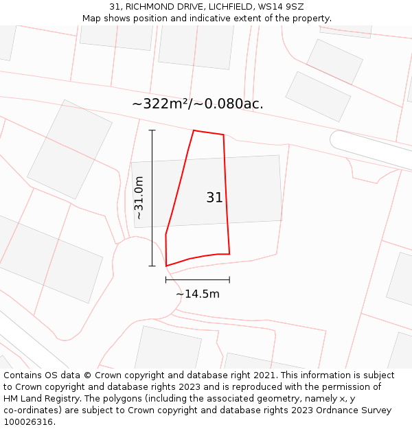 31, RICHMOND DRIVE, LICHFIELD, WS14 9SZ: Plot and title map