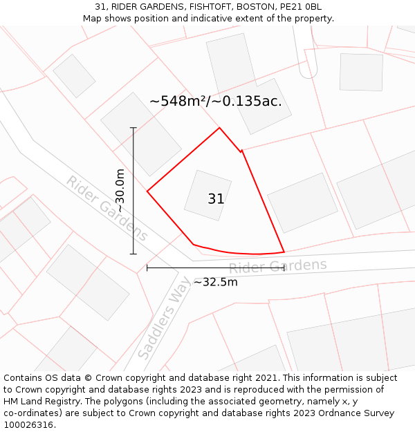 31, RIDER GARDENS, FISHTOFT, BOSTON, PE21 0BL: Plot and title map