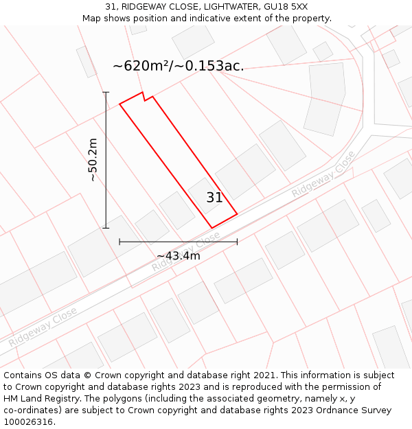 31, RIDGEWAY CLOSE, LIGHTWATER, GU18 5XX: Plot and title map