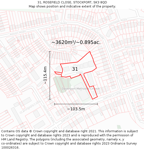 31, ROSEFIELD CLOSE, STOCKPORT, SK3 8QD: Plot and title map