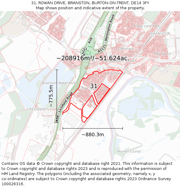 31, ROWAN DRIVE, BRANSTON, BURTON-ON-TRENT, DE14 3FY: Plot and title map