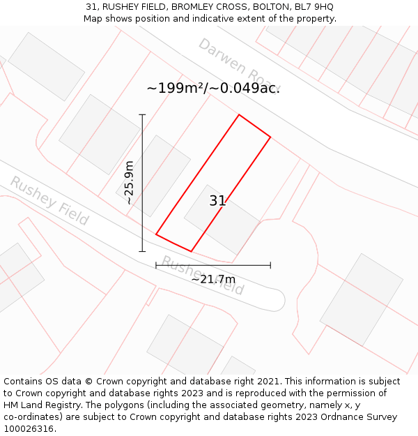 31, RUSHEY FIELD, BROMLEY CROSS, BOLTON, BL7 9HQ: Plot and title map