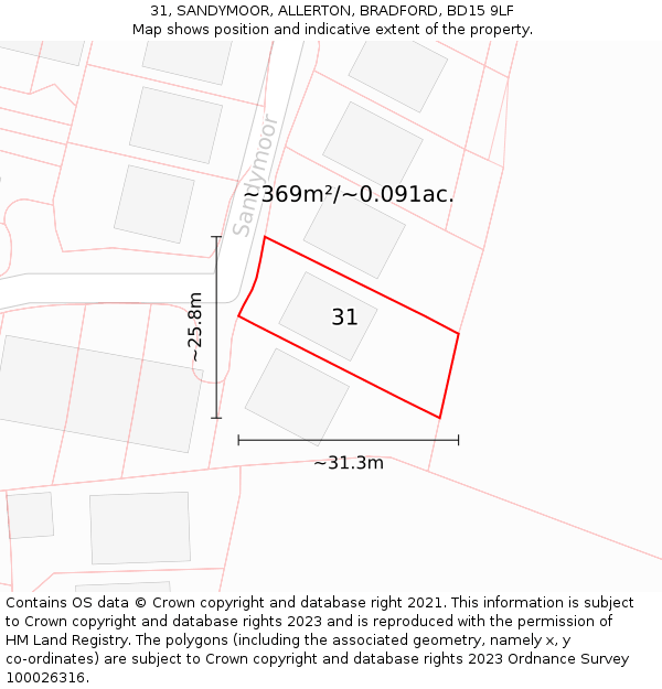 31, SANDYMOOR, ALLERTON, BRADFORD, BD15 9LF: Plot and title map