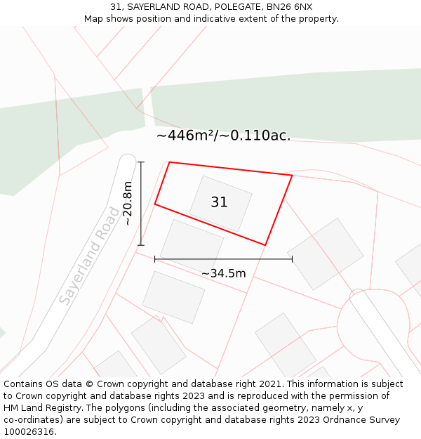 31, SAYERLAND ROAD, POLEGATE, BN26 6NX: Plot and title map