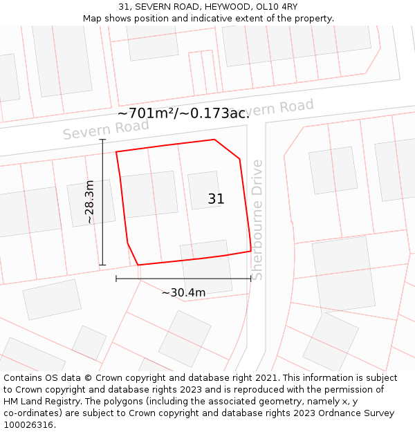 31, SEVERN ROAD, HEYWOOD, OL10 4RY: Plot and title map