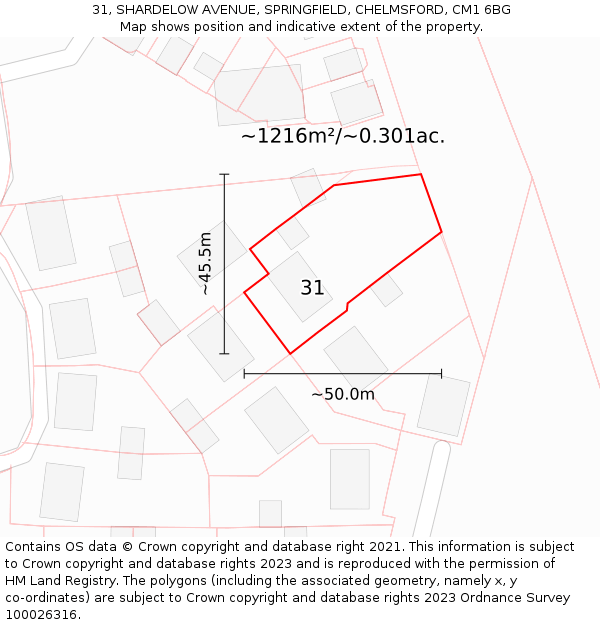 31, SHARDELOW AVENUE, SPRINGFIELD, CHELMSFORD, CM1 6BG: Plot and title map