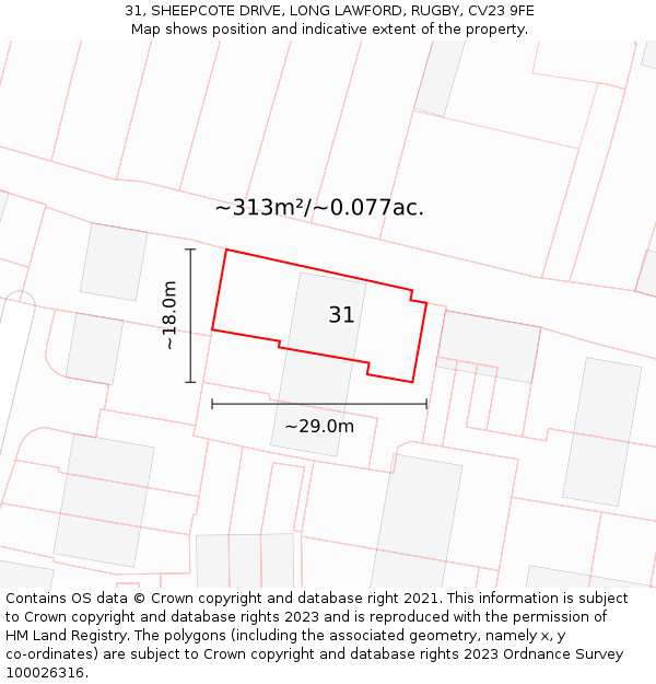 31, SHEEPCOTE DRIVE, LONG LAWFORD, RUGBY, CV23 9FE: Plot and title map