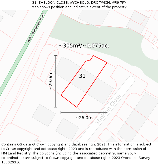 31, SHELDON CLOSE, WYCHBOLD, DROITWICH, WR9 7PY: Plot and title map