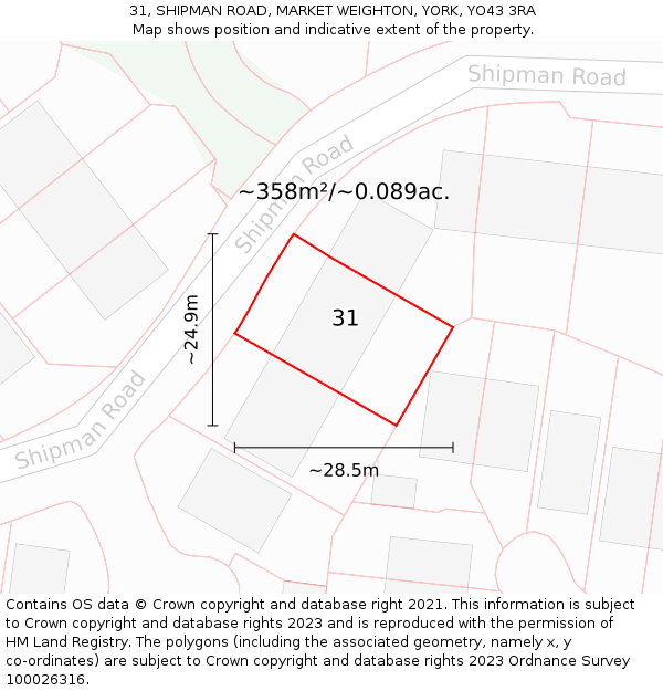 31, SHIPMAN ROAD, MARKET WEIGHTON, YORK, YO43 3RA: Plot and title map