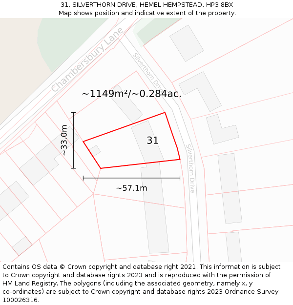 31, SILVERTHORN DRIVE, HEMEL HEMPSTEAD, HP3 8BX: Plot and title map