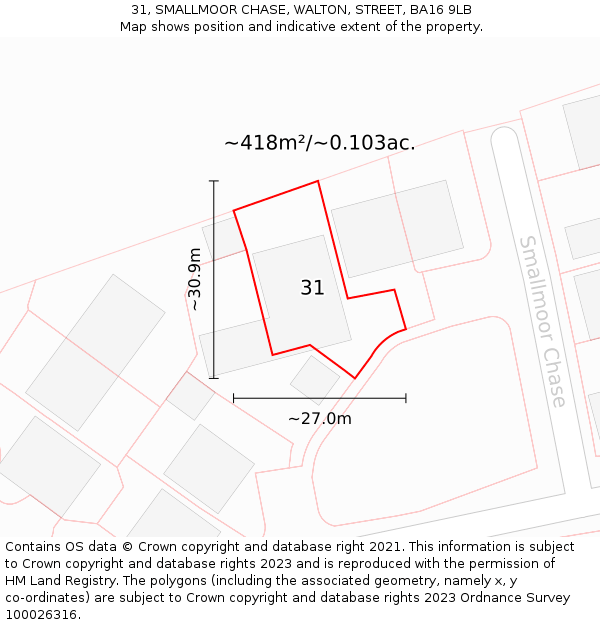 31, SMALLMOOR CHASE, WALTON, STREET, BA16 9LB: Plot and title map