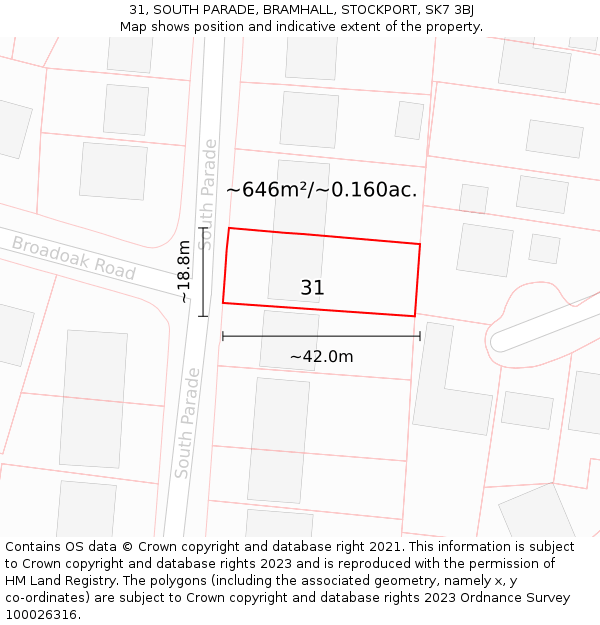 31, SOUTH PARADE, BRAMHALL, STOCKPORT, SK7 3BJ: Plot and title map