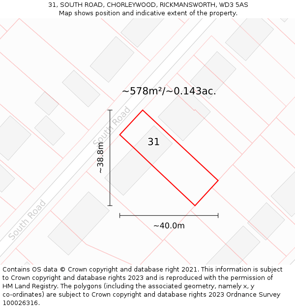 31, SOUTH ROAD, CHORLEYWOOD, RICKMANSWORTH, WD3 5AS: Plot and title map