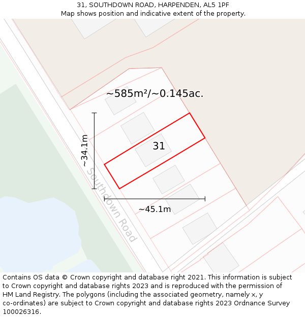 31, SOUTHDOWN ROAD, HARPENDEN, AL5 1PF: Plot and title map