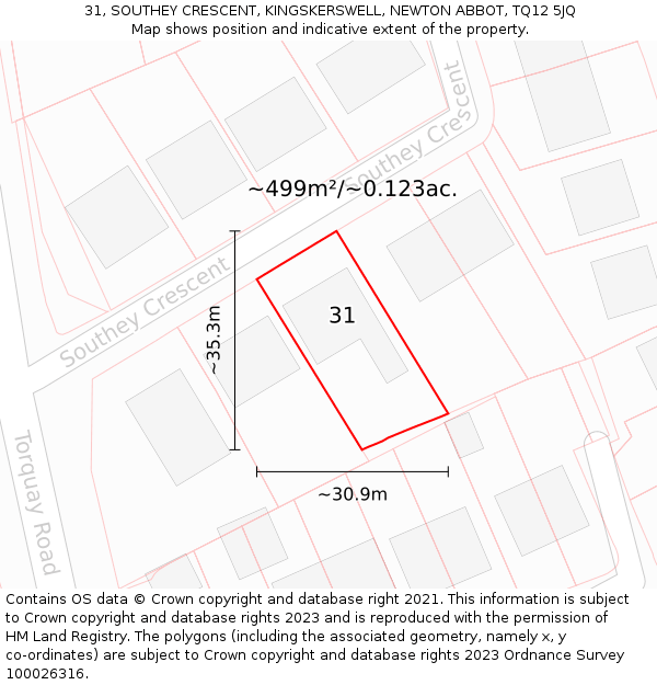 31, SOUTHEY CRESCENT, KINGSKERSWELL, NEWTON ABBOT, TQ12 5JQ: Plot and title map