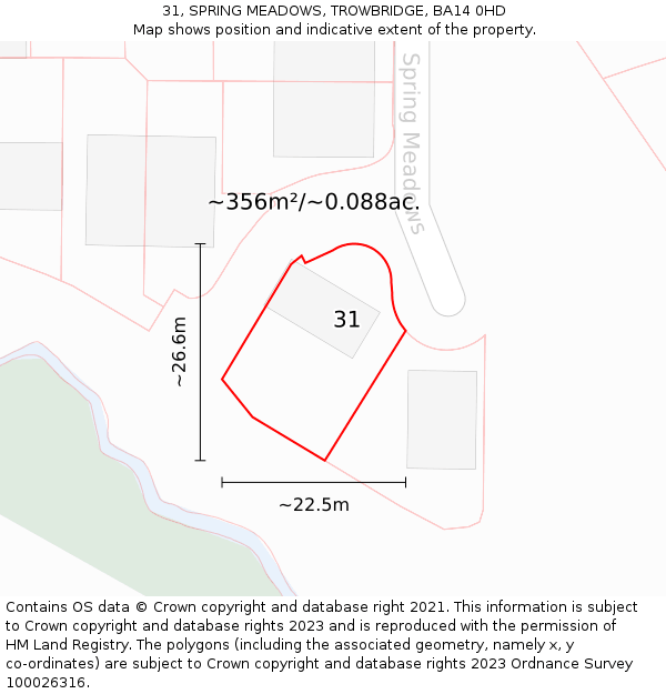 31, SPRING MEADOWS, TROWBRIDGE, BA14 0HD: Plot and title map