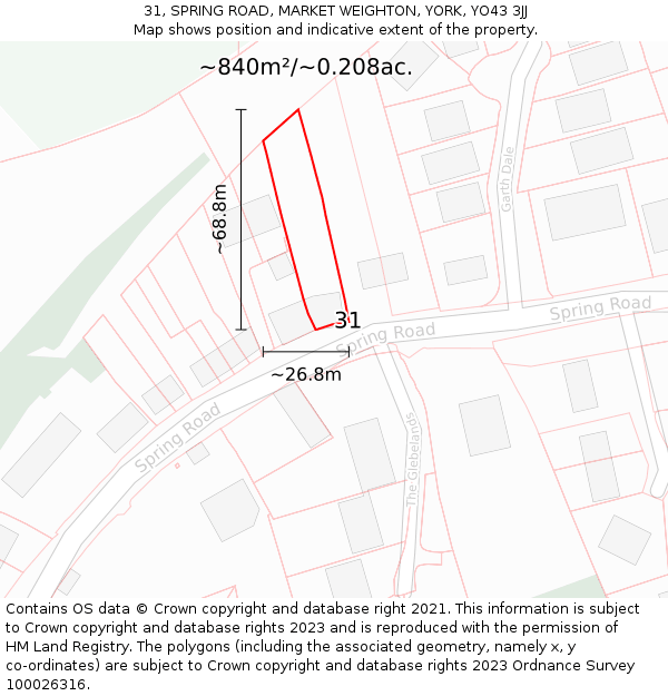 31, SPRING ROAD, MARKET WEIGHTON, YORK, YO43 3JJ: Plot and title map