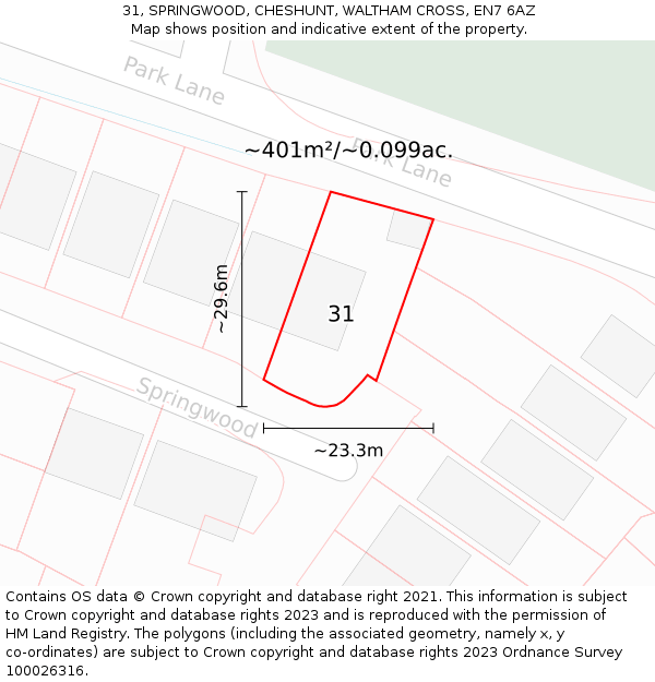 31, SPRINGWOOD, CHESHUNT, WALTHAM CROSS, EN7 6AZ: Plot and title map