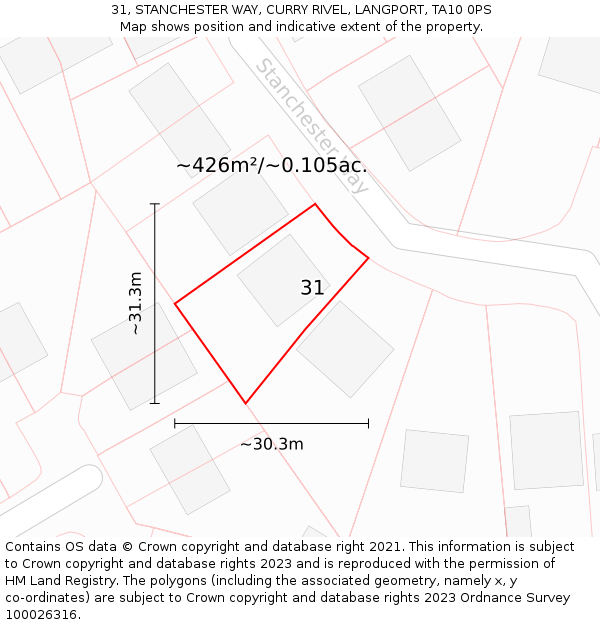 31, STANCHESTER WAY, CURRY RIVEL, LANGPORT, TA10 0PS: Plot and title map