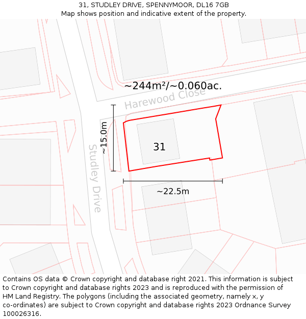 31, STUDLEY DRIVE, SPENNYMOOR, DL16 7GB: Plot and title map