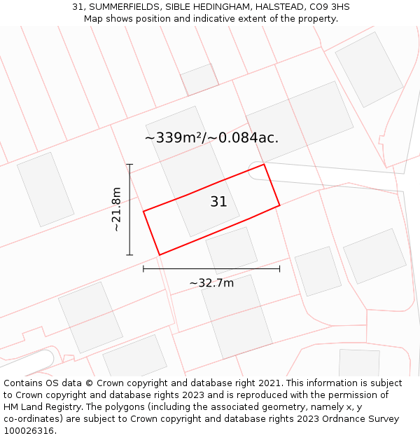 31, SUMMERFIELDS, SIBLE HEDINGHAM, HALSTEAD, CO9 3HS: Plot and title map