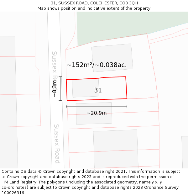 31, SUSSEX ROAD, COLCHESTER, CO3 3QH: Plot and title map