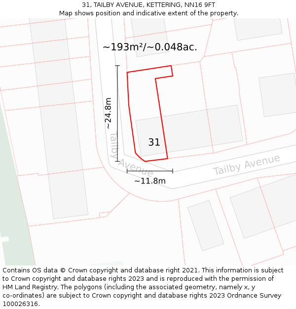 31, TAILBY AVENUE, KETTERING, NN16 9FT: Plot and title map