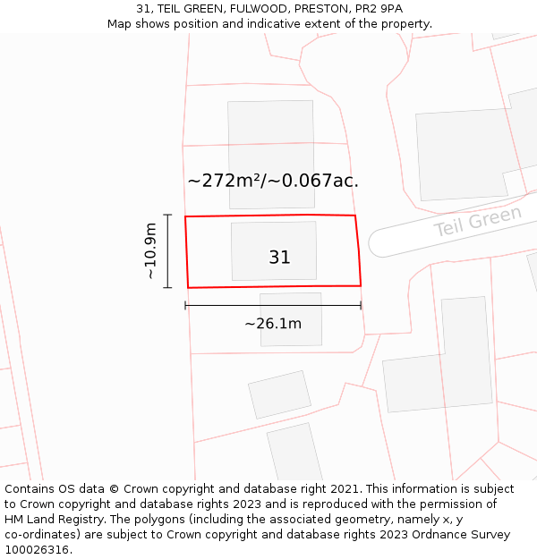 31, TEIL GREEN, FULWOOD, PRESTON, PR2 9PA: Plot and title map