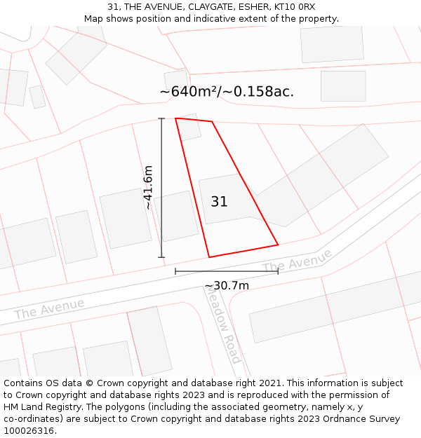 31, THE AVENUE, CLAYGATE, ESHER, KT10 0RX: Plot and title map