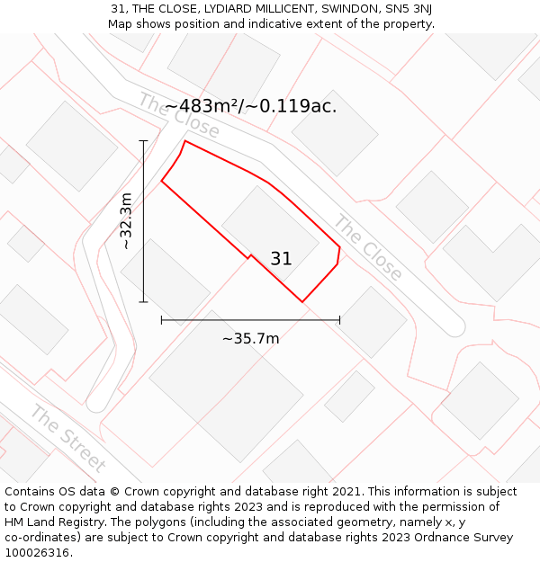31, THE CLOSE, LYDIARD MILLICENT, SWINDON, SN5 3NJ: Plot and title map