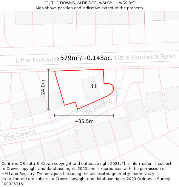 31, THE DOWNS, ALDRIDGE, WALSALL, WS9 0YT: Plot and title map