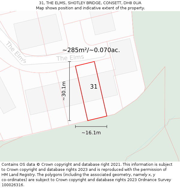 31, THE ELMS, SHOTLEY BRIDGE, CONSETT, DH8 0UA: Plot and title map